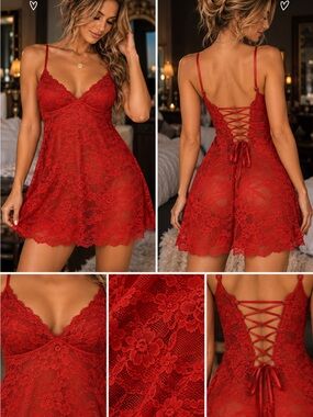 Red Lace Chemise Nightdress with Corset Back